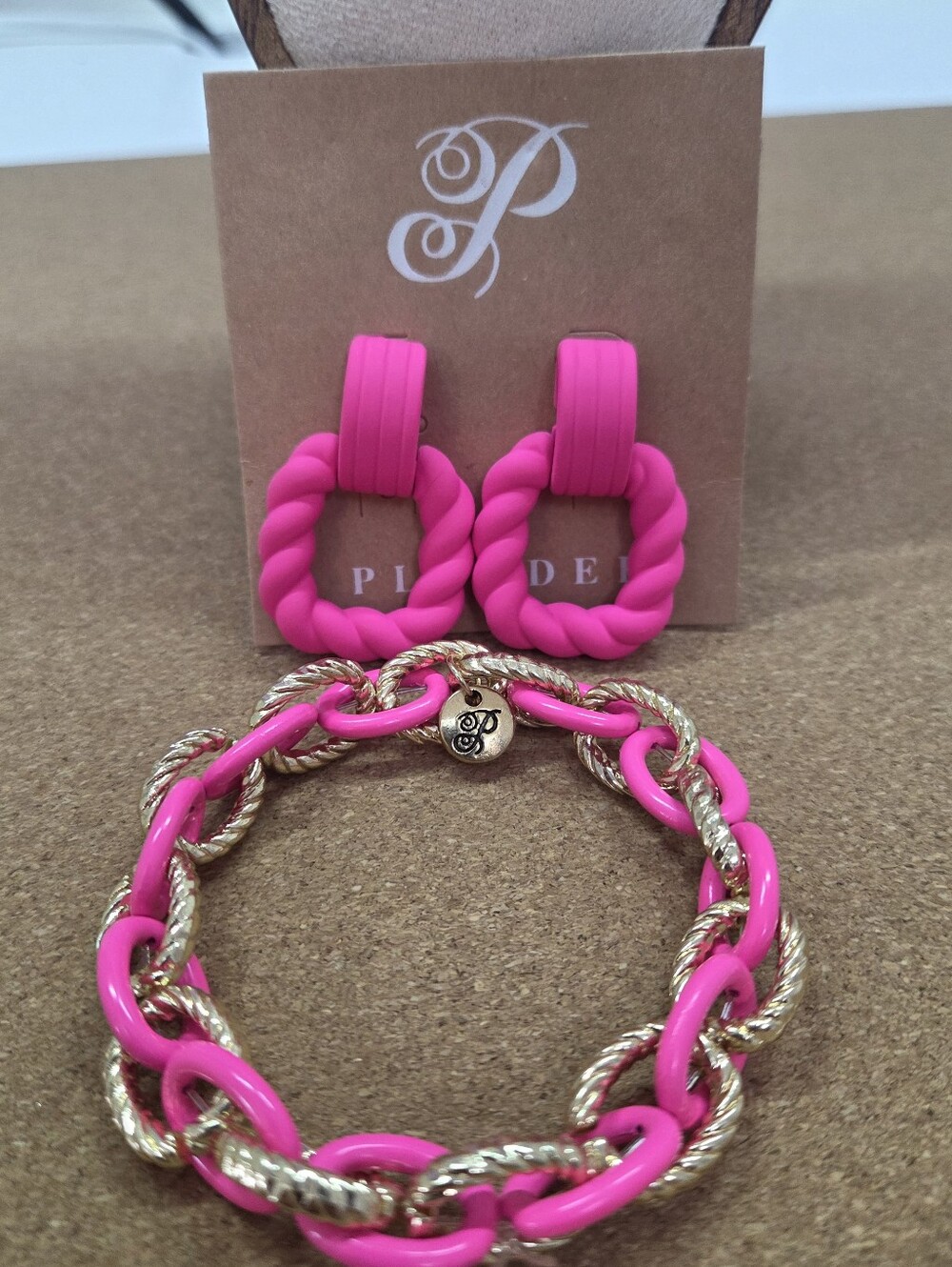 Plunder Hot Pink Rope Hoop Earrings & Chain Bracelet Set